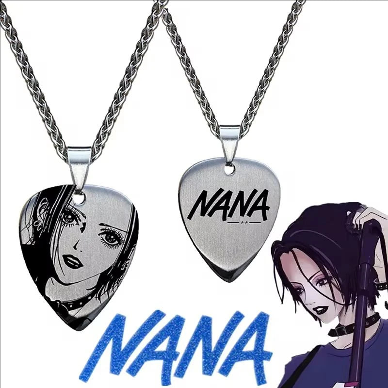 Two guitar pick-shaped pendants with 'NANA' branding and an anime character illustration.