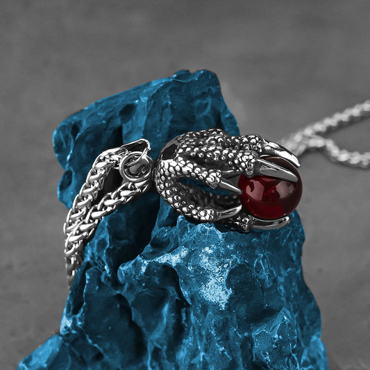Viking Dragon Claw Red Bead Necklace | Nordic Amulet Pendant for Men & Women | Stainless Steel Punk Choker | Norse Jewelry Gift