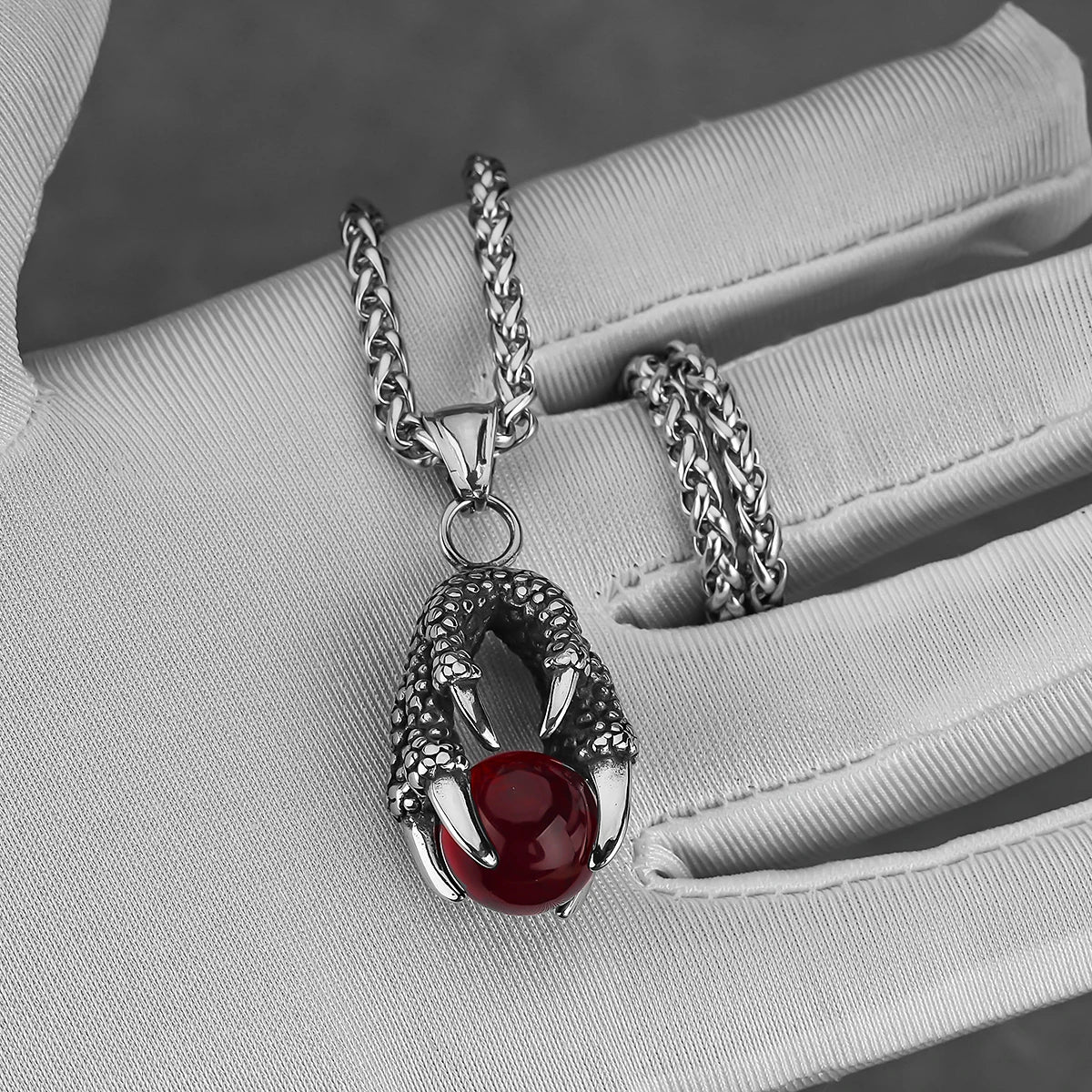 Viking Dragon Claw Red Bead Necklace | Nordic Amulet Pendant for Men & Women | Stainless Steel Punk Choker | Norse Jewelry Gift
