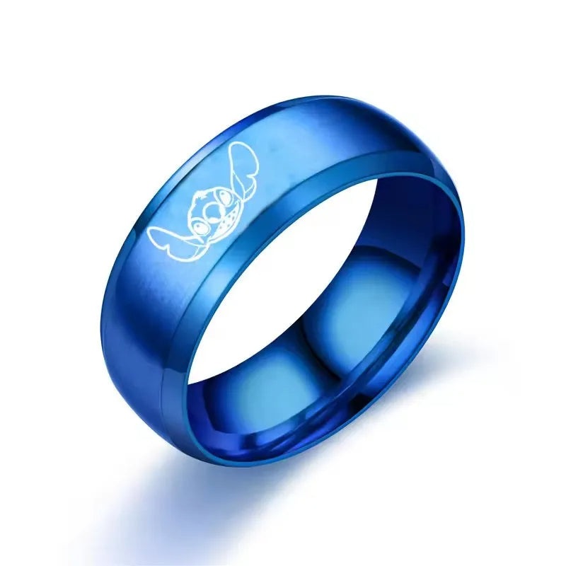 Laser Engraved Stitch Character Ring – Unisex Stainless Steel Couple Jewelry