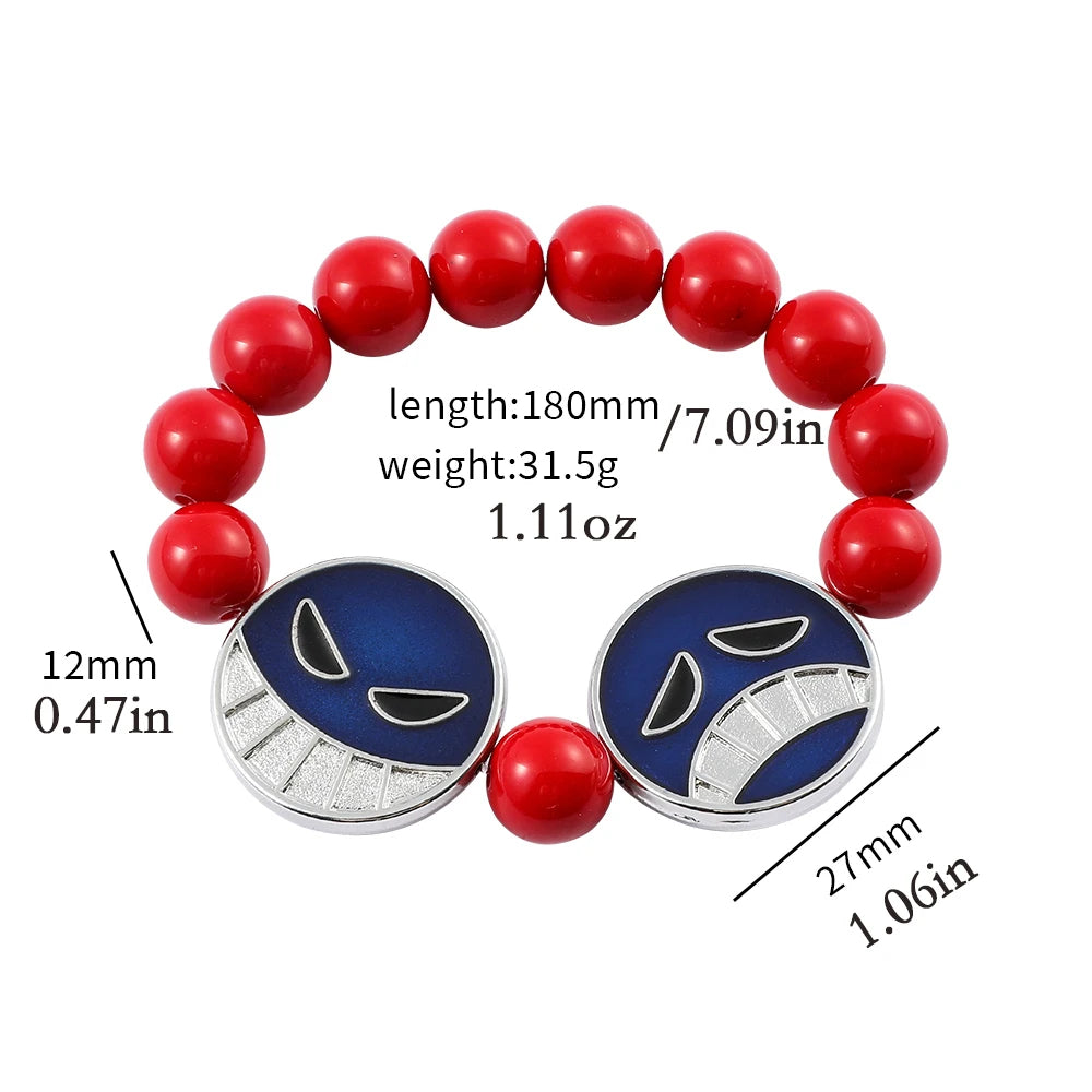 Red beaded bracelet with blue and silver circular ends, showing measurements on a white background.
