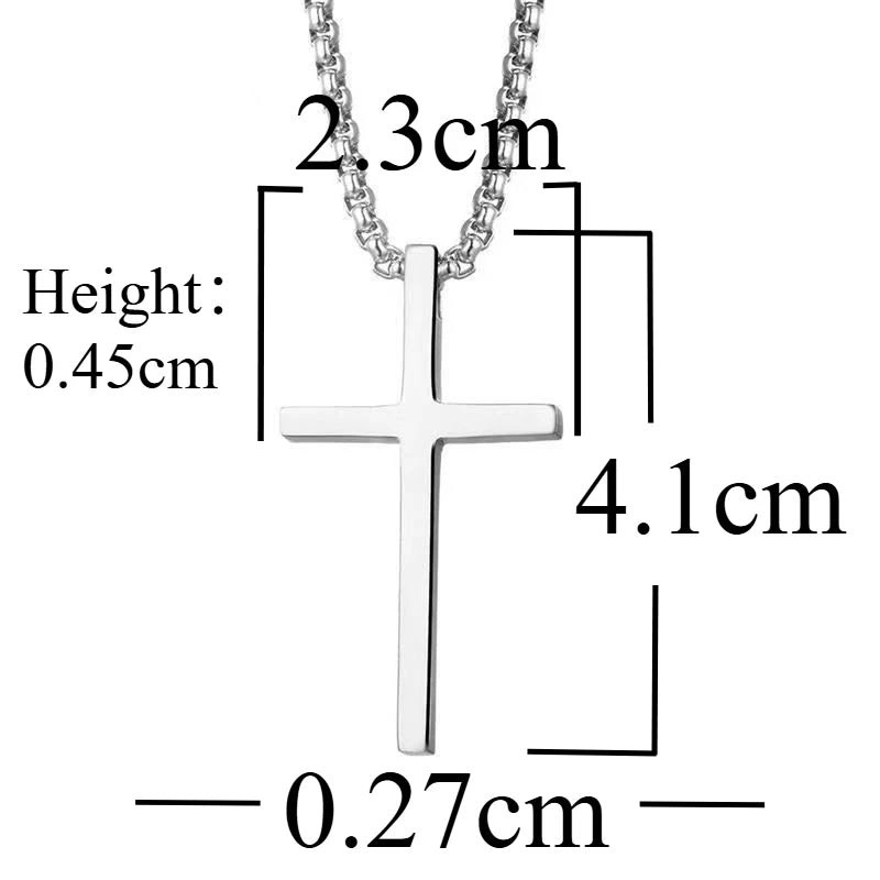 Measurement chart of a silver cross pendant with chain on a white background
