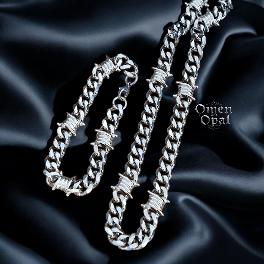 Barbed Wire Necklace and Bracelet, Cuban Chain, Barbed Wire Bracelet, Gothic Punk Jewelry, Chunky Necklace, Gift for Him, Mens Accessories
