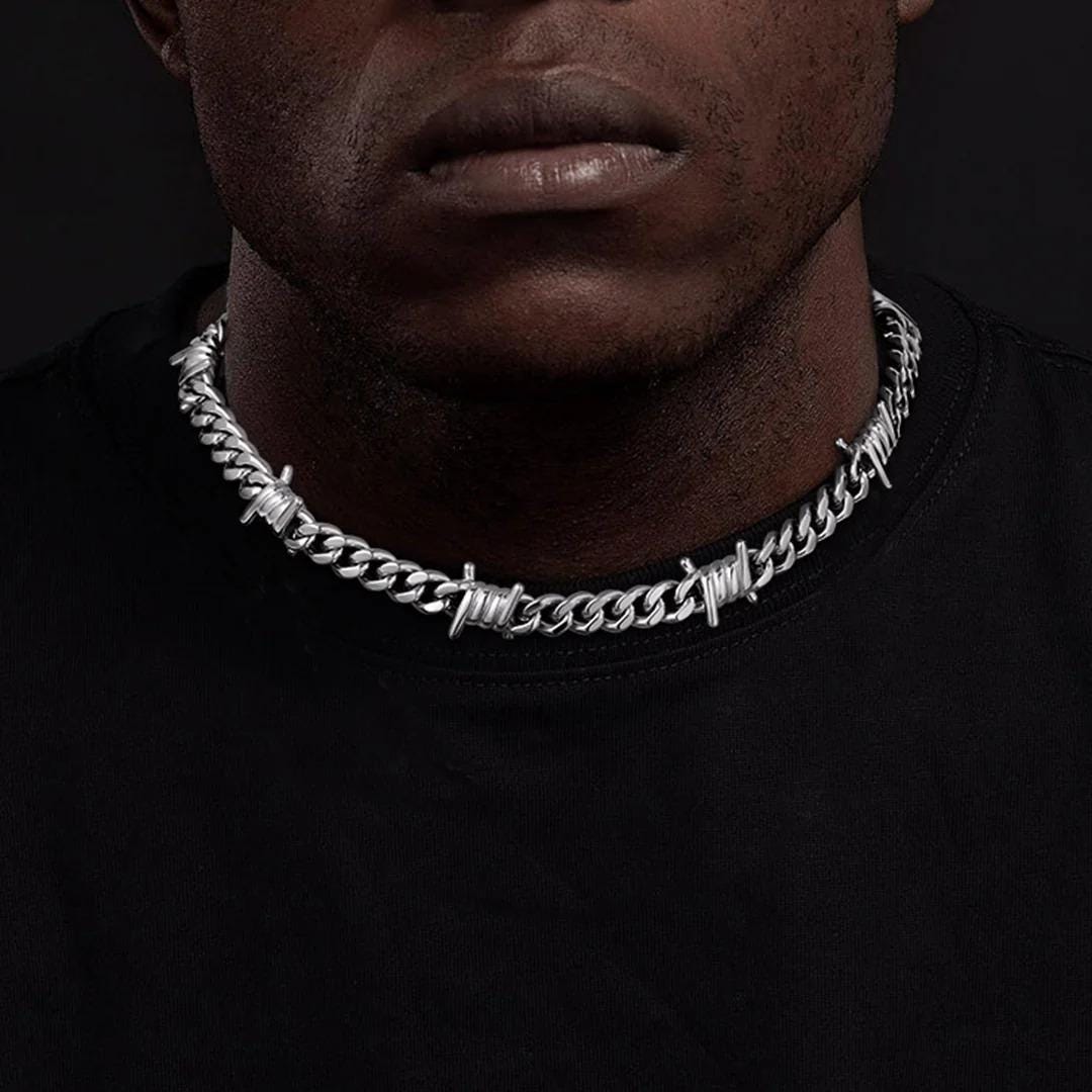 Barbed Wire Necklace and Bracelet, Cuban Chain, Barbed Wire Bracelet, Gothic Punk Jewelry, Chunky Necklace, Gift for Him, Mens Accessories