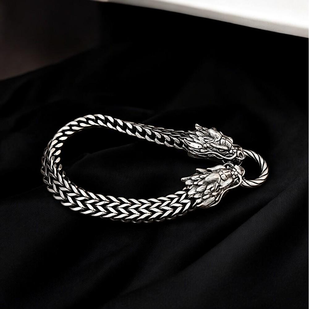Dragon Bracelet | Gothic Stainless Steel Skull Bracelet | Oxidized Punk Biker Bracelet | Edgy Men’s Jewelry | Dark Fashion Gift for Him
