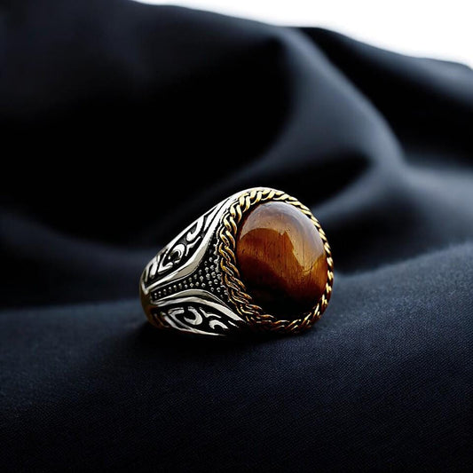 Tiger's Eye Ring for Men and Women | Gothic Celtic Stainless Steel Ring | Handmade Punk Jewelry | Round Tiger Eye Gemstone Ring