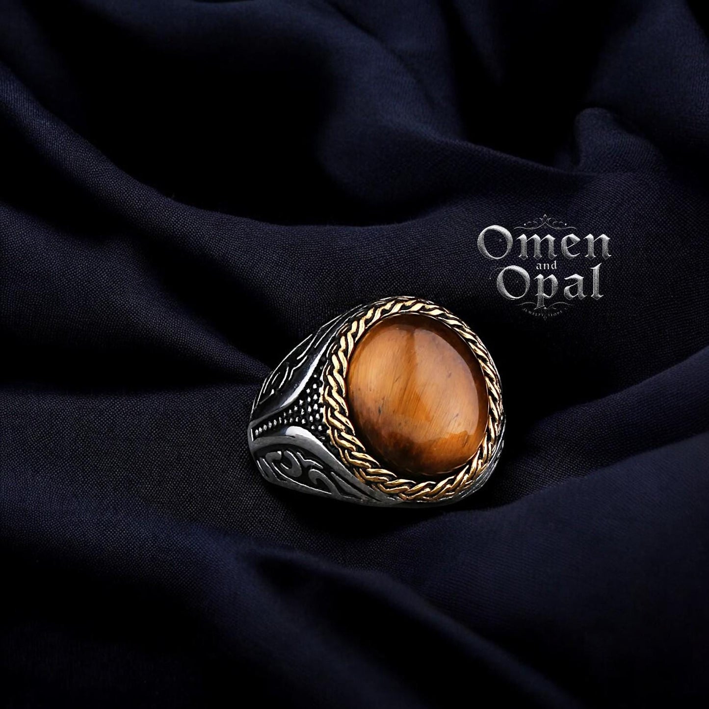 Tiger's Eye Ring for Men and Women | Gothic Celtic Stainless Steel Ring | Handmade Punk Jewelry | Round Tiger Eye Gemstone Ring