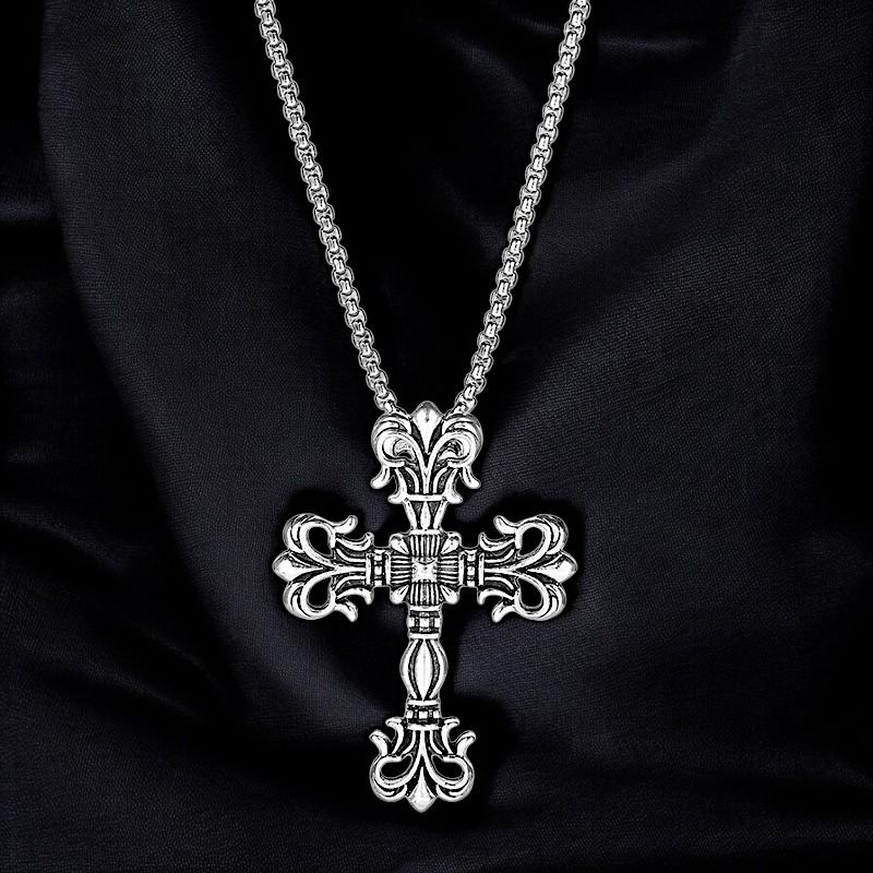 Large Gothic Cross Pendant Necklace | Silver Red Statement Jewelry | Punk Fashion Charm | Religious Cross Necklace | Gift for Women