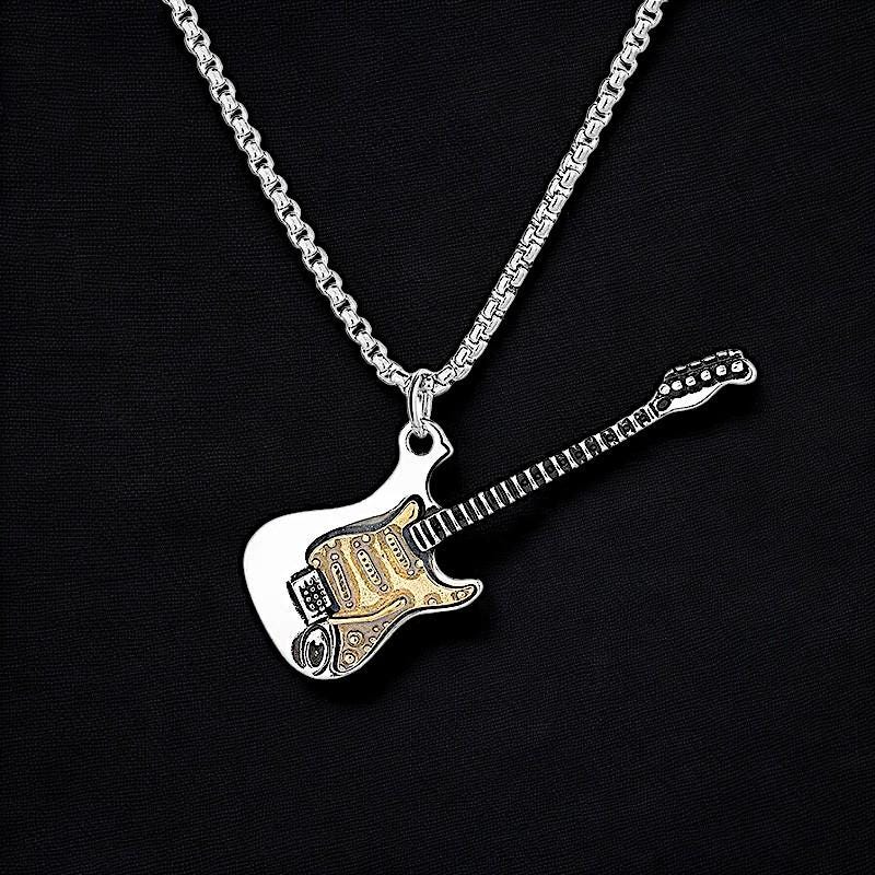 925 Gothic Guitar Necklace | Handmade Oxidized Silver Pendant | Stainless Steel Rock Jewelry | Guitar Charm Necklace | Gift for Men & Women