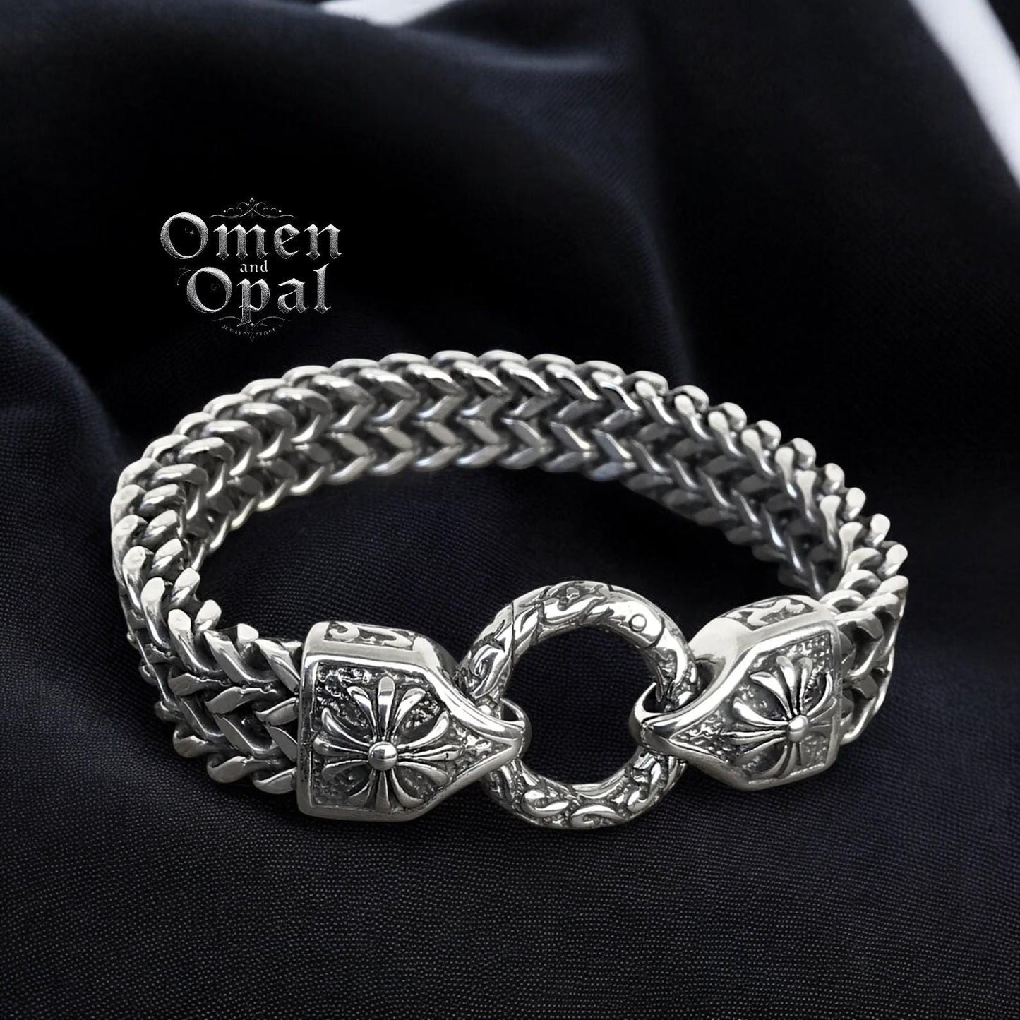 Men’s Gothic Stainless Steel Bracelet | Oxidized Cross Chain Bracelet | Punk Biker Jewelry | Adjustable Metal Bracelet | Gift for Him