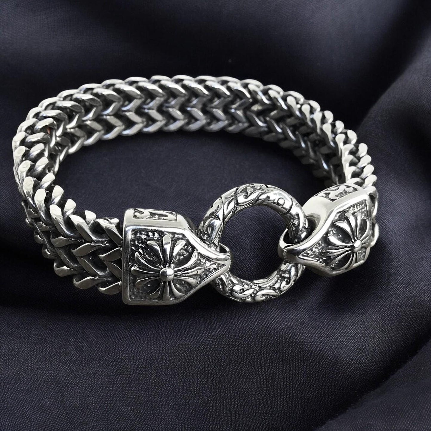 Men’s Gothic Stainless Steel Bracelet | Oxidized Cross Chain Bracelet | Punk Biker Jewelry | Adjustable Metal Bracelet | Gift for Him