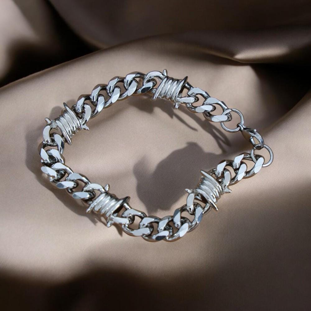 Barbed Wire Necklace and Bracelet, Cuban Chain, Barbed Wire Bracelet, Gothic Punk Jewelry, Chunky Necklace, Gift for Him, Mens Accessories