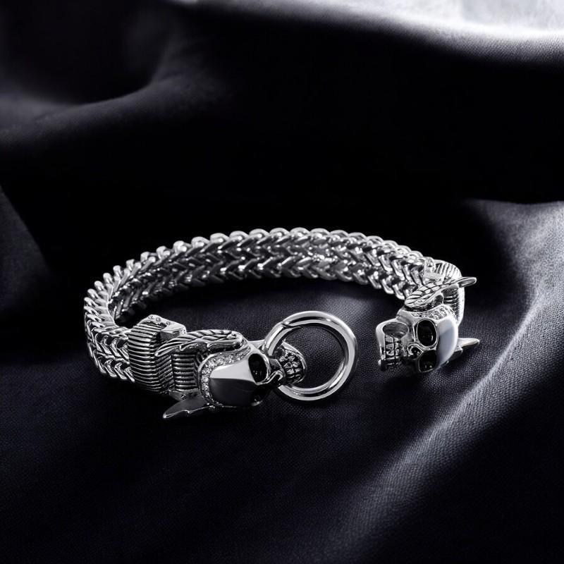 Diamond Skull Bracelet for Men | Gothic Titanium Steel Bracelet | Oxidized Skull Jewelry | Dark Fashion Gift | Biker Rock Bracelet Gift