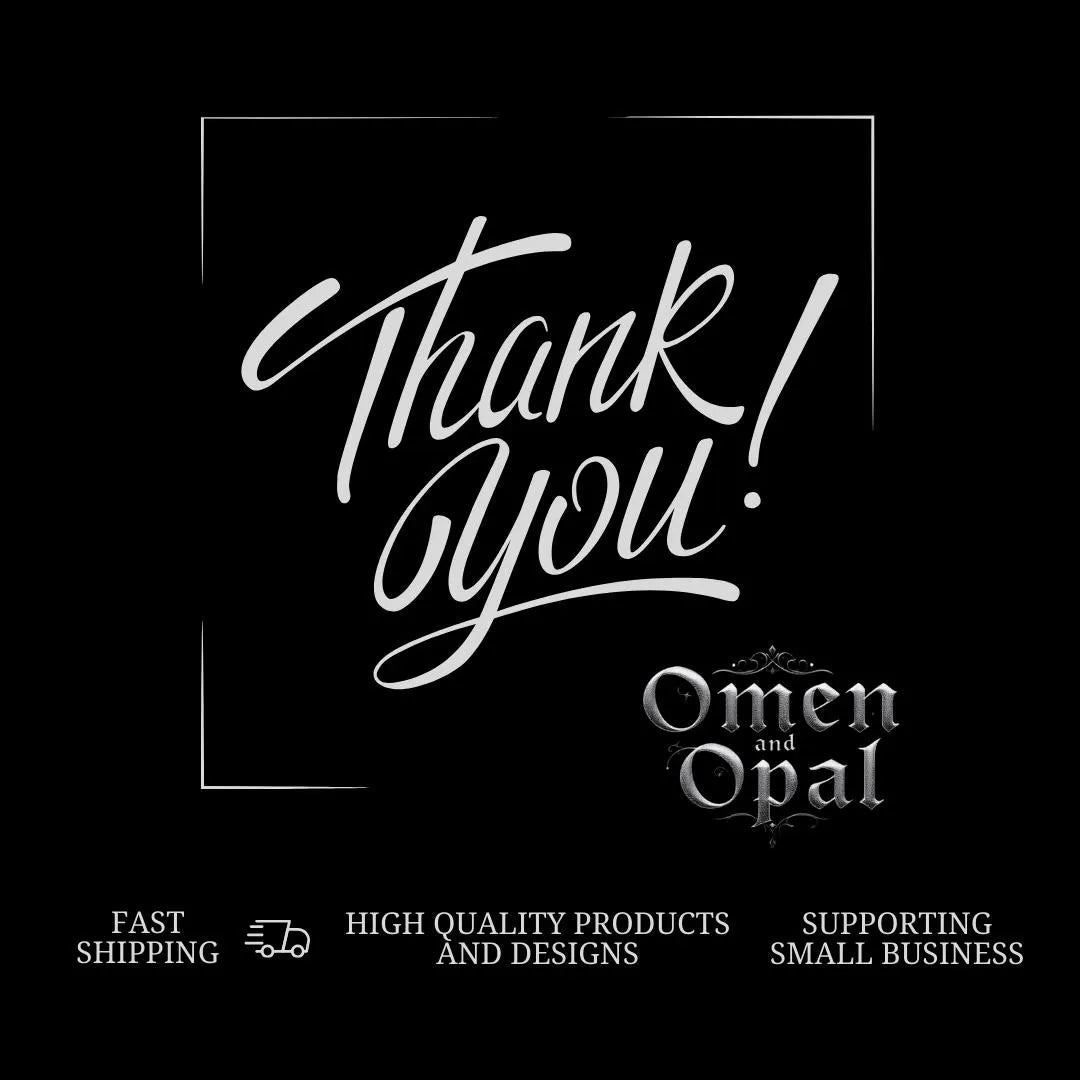 Black background with white text 'Thank you!' and 'Omen and Opal' logo, along with promotional text.
