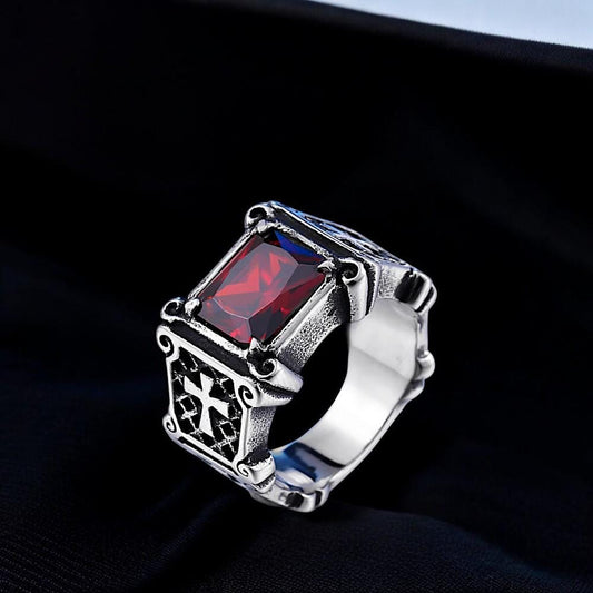 Gothic Cross Ruby Ring | Stainless Steel Celtic Ring | Red Gemstone Punk Jewelry | Handmade Goth Ring | Gift for Him & Her