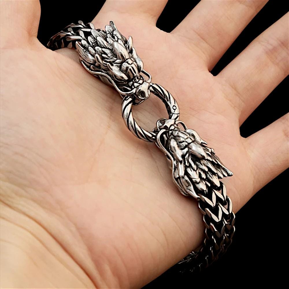 Dragon Bracelet | Gothic Stainless Steel Skull Bracelet | Oxidized Punk Biker Bracelet | Edgy Men’s Jewelry | Dark Fashion Gift for Him