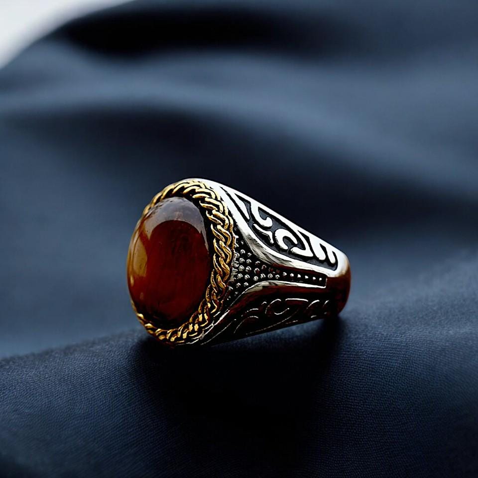 Tiger's Eye Ring for Men and Women | Gothic Celtic Stainless Steel Ring | Handmade Punk Jewelry | Round Tiger Eye Gemstone Ring