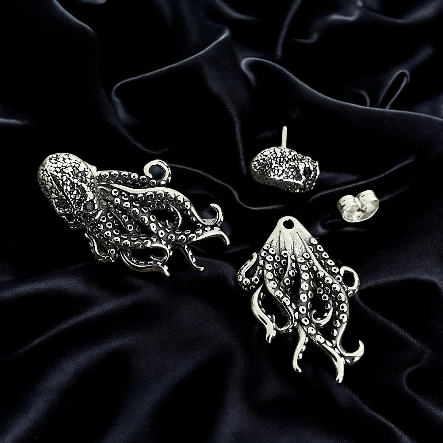 Gothic Octopus Stud Earrings | Mystical Tentacle Jewelry | Small Dainty Studs | Alternative Black Earrings for Men & Women