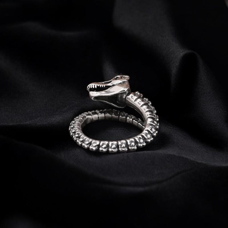 925 Sterling Silver Dinosaur Bone Ring | Adjustable Gothic Fossil Ring for Men | Antique Open Band Punk Jewelry | Unique Gift for Him
