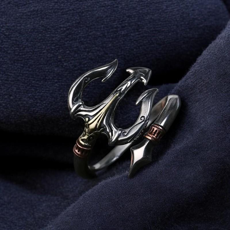 Sea God Trident Ring for Men | Silver Open Ring | Poseidon Hip Hop Gothic Jewelry | Retro Statement Ring | Mythical Gift for Him