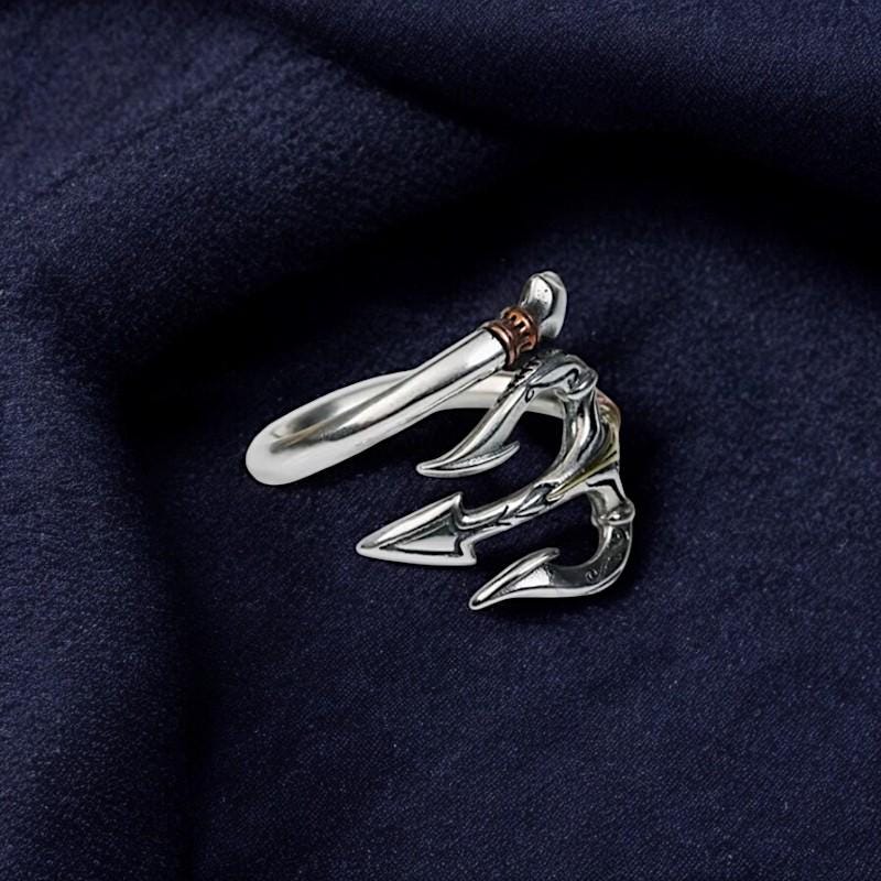 Sea God Trident Ring for Men | Silver Open Ring | Poseidon Hip Hop Gothic Jewelry | Retro Statement Ring | Mythical Gift for Him