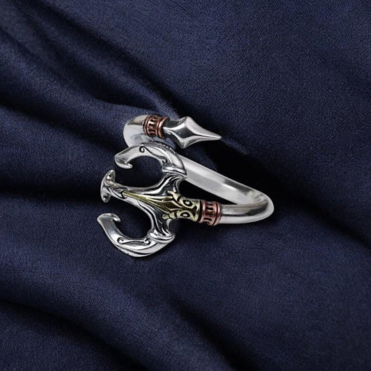 Sea God Trident Ring for Men | Silver Open Ring | Poseidon Hip Hop Gothic Jewelry | Retro Statement Ring | Mythical Gift for Him