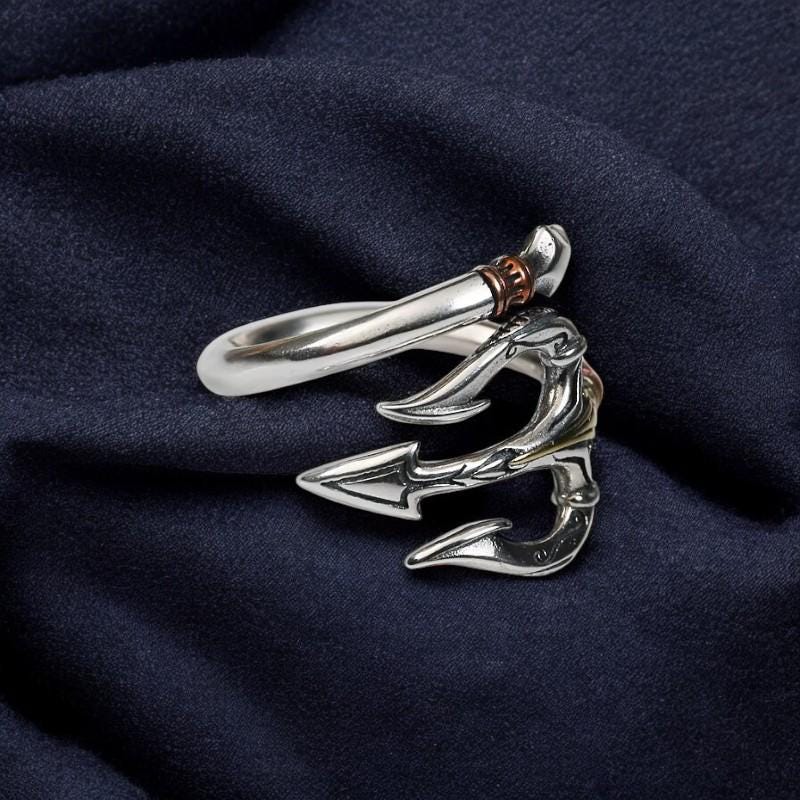 Sea God Trident Ring for Men | Silver Open Ring | Poseidon Hip Hop Gothic Jewelry | Retro Statement Ring | Mythical Gift for Him