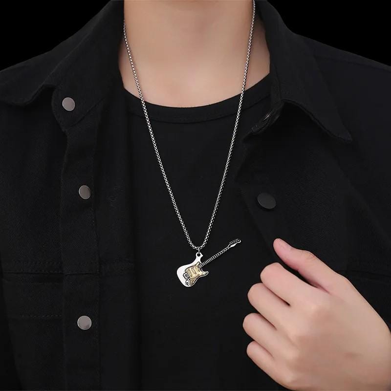 925 Gothic Guitar Necklace | Handmade Oxidized Silver Pendant | Stainless Steel Rock Jewelry | Guitar Charm Necklace | Gift for Men & Women