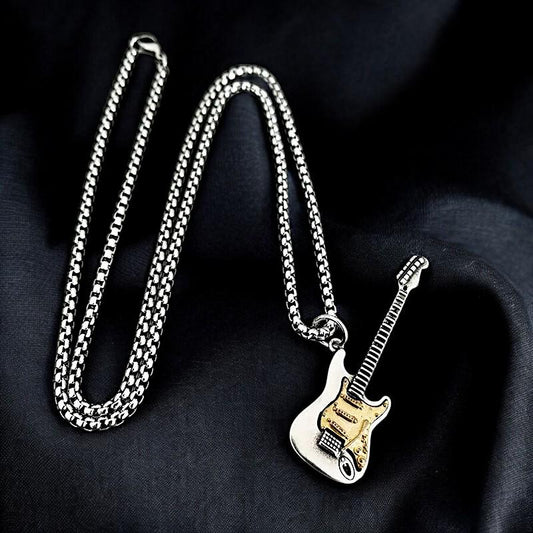 925 Gothic Guitar Necklace | Handmade Oxidized Silver Pendant | Stainless Steel Rock Jewelry | Guitar Charm Necklace | Gift for Men & Women