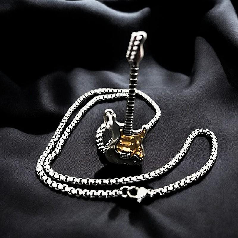 925 Gothic Guitar Necklace | Handmade Oxidized Silver Pendant | Stainless Steel Rock Jewelry | Guitar Charm Necklace | Gift for Men & Women