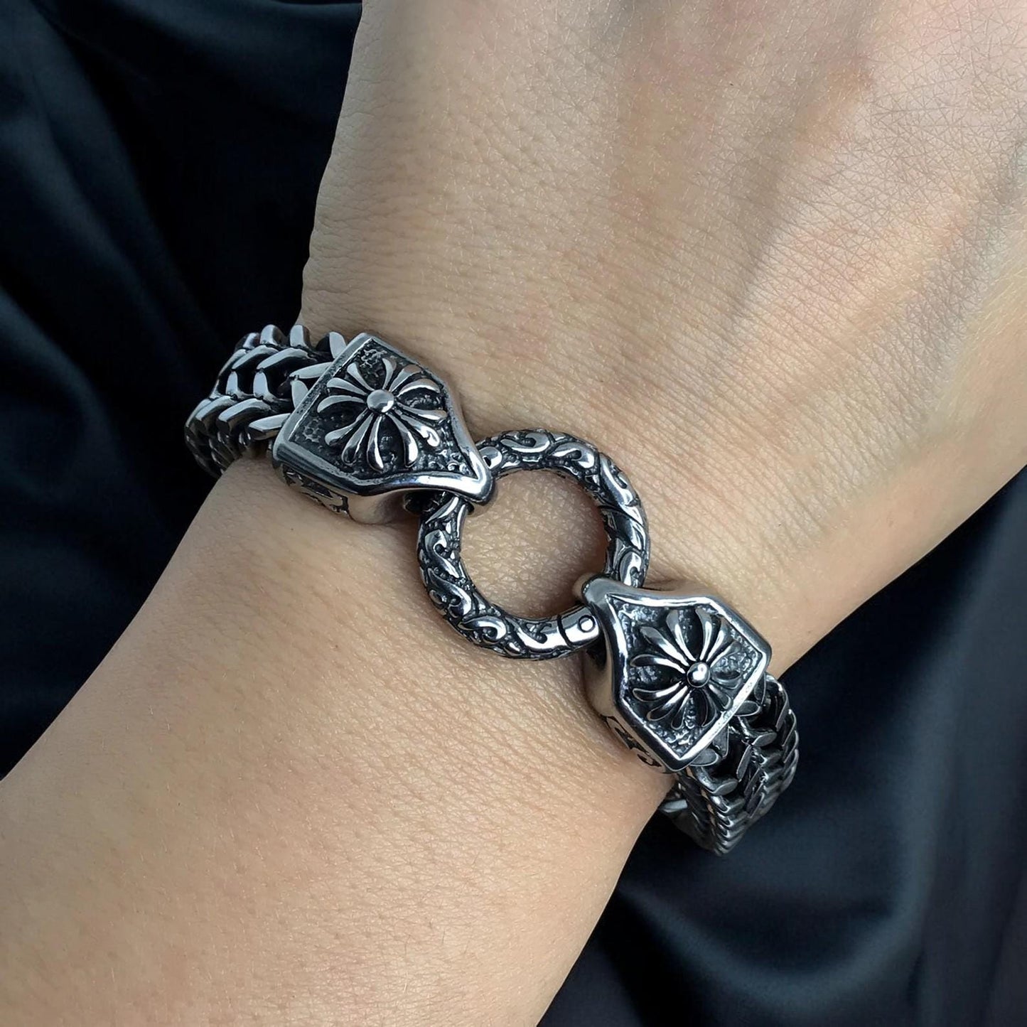 Men’s Gothic Stainless Steel Bracelet | Oxidized Cross Chain Bracelet | Punk Biker Jewelry | Adjustable Metal Bracelet | Gift for Him