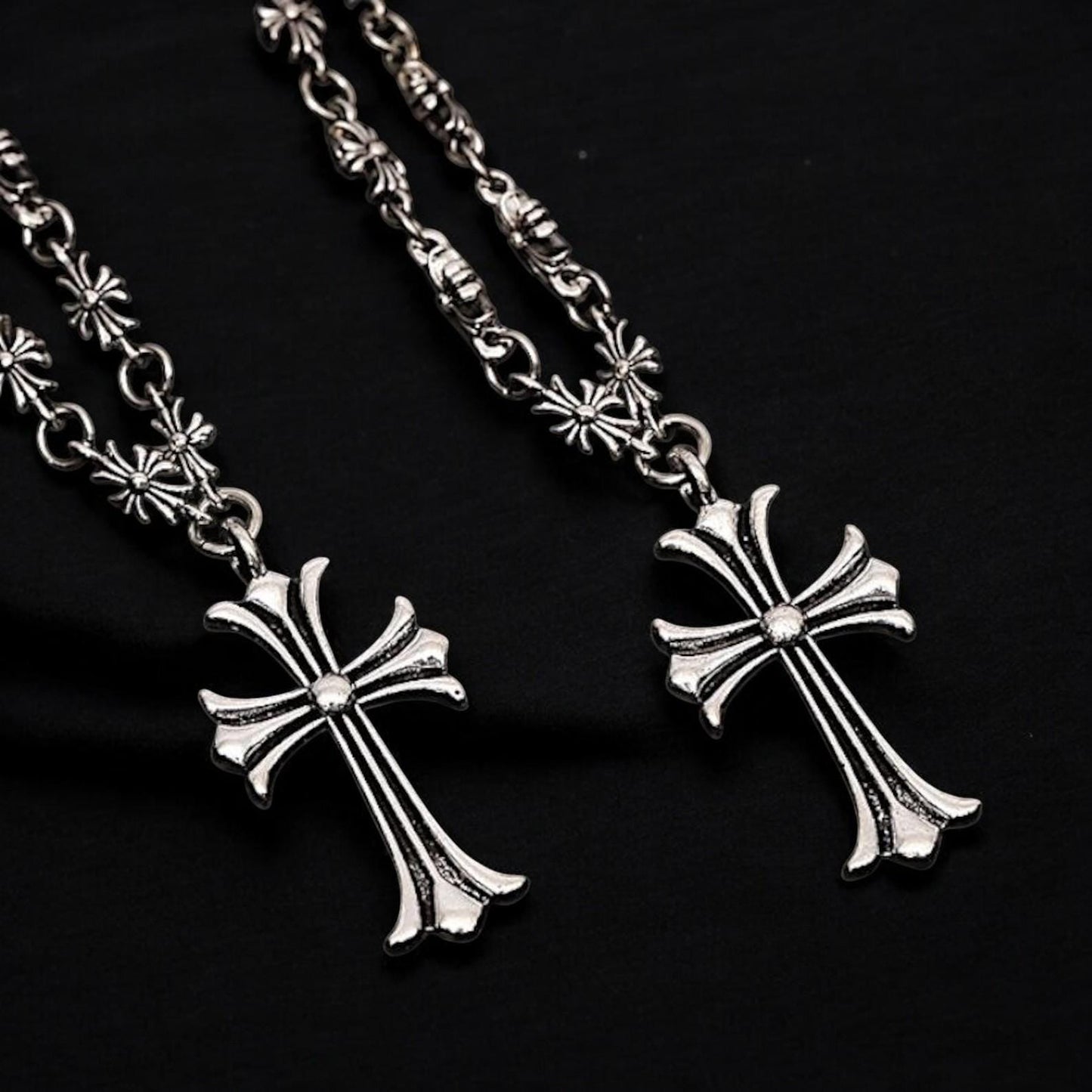 CH Gothic Rosary Necklace | Y2K Punk Cross Pendant | Chrome Chain Jewelry | Gothic Necklace for Men & Women Alt Style