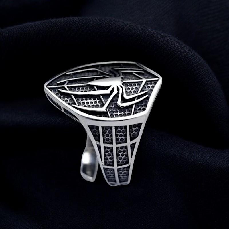 Silver Spiderman Superhero Shield Ring for Men | Oxidized Heroic Symbol Jewelry | Marvel-Inspired Men’s Ring | Unique Hero Gift
