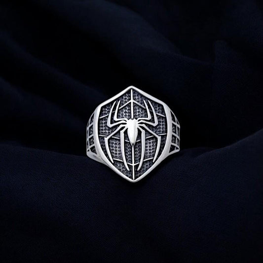 Silver Spiderman Superhero Shield Ring for Men | Oxidized Heroic Symbol Jewelry | Marvel-Inspired Men’s Ring | Unique Hero Gift