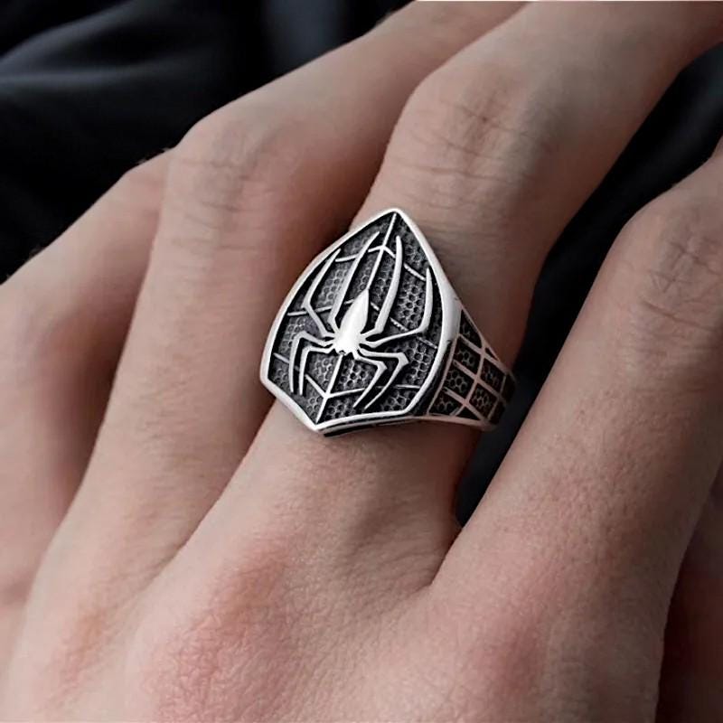 Silver Spiderman Superhero Shield Ring for Men | Oxidized Heroic Symbol Jewelry | Marvel-Inspired Men’s Ring | Unique Hero Gift