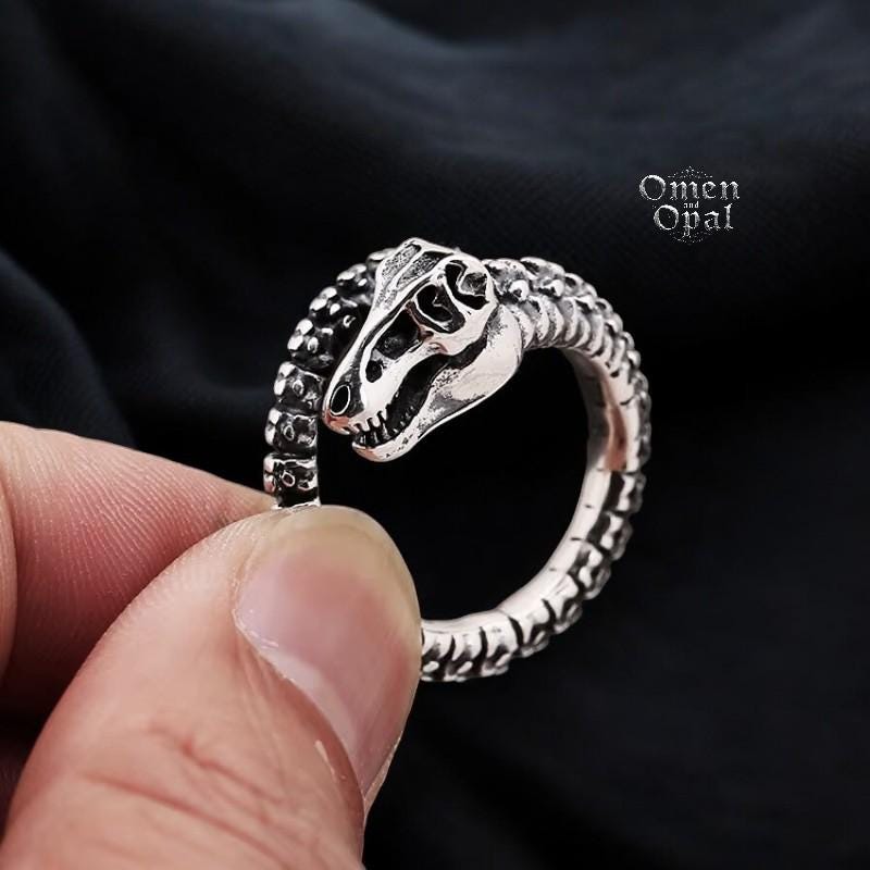 925 Sterling Silver Dinosaur Bone Ring | Adjustable Gothic Fossil Ring for Men | Antique Open Band Punk Jewelry | Unique Gift for Him