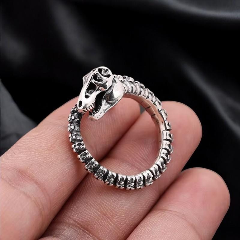925 Sterling Silver Dinosaur Bone Ring | Adjustable Gothic Fossil Ring for Men | Antique Open Band Punk Jewelry | Unique Gift for Him