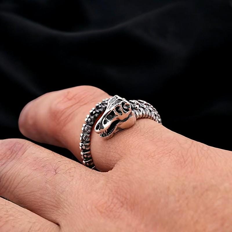 925 Sterling Silver Dinosaur Bone Ring | Adjustable Gothic Fossil Ring for Men | Antique Open Band Punk Jewelry | Unique Gift for Him
