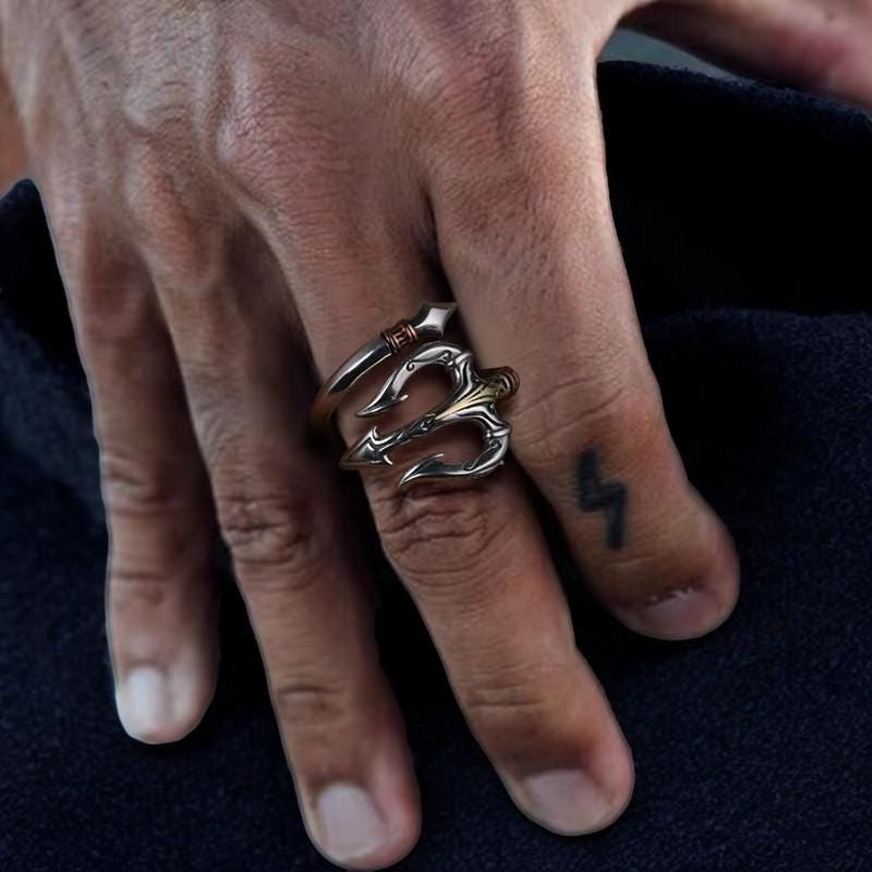 Sea God Trident Ring for Men | Silver Open Ring | Poseidon Hip Hop Gothic Jewelry | Retro Statement Ring | Mythical Gift for Him