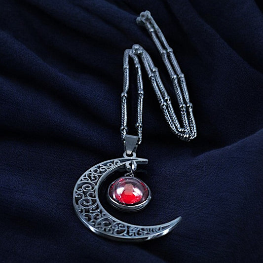 Gothic Moon Necklace, Crescent Moon Pendant with Gemstone, Witchy Lunar Jewelry, Occult Wiccan Necklace, Gothic Gift for Her