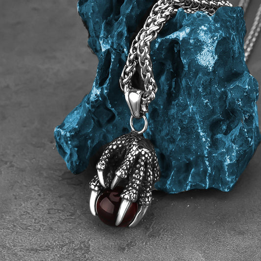 Viking Dragon Claw Red Bead Necklace | Nordic Amulet Pendant for Men & Women | Stainless Steel Punk Choker | Norse Jewelry Gift
