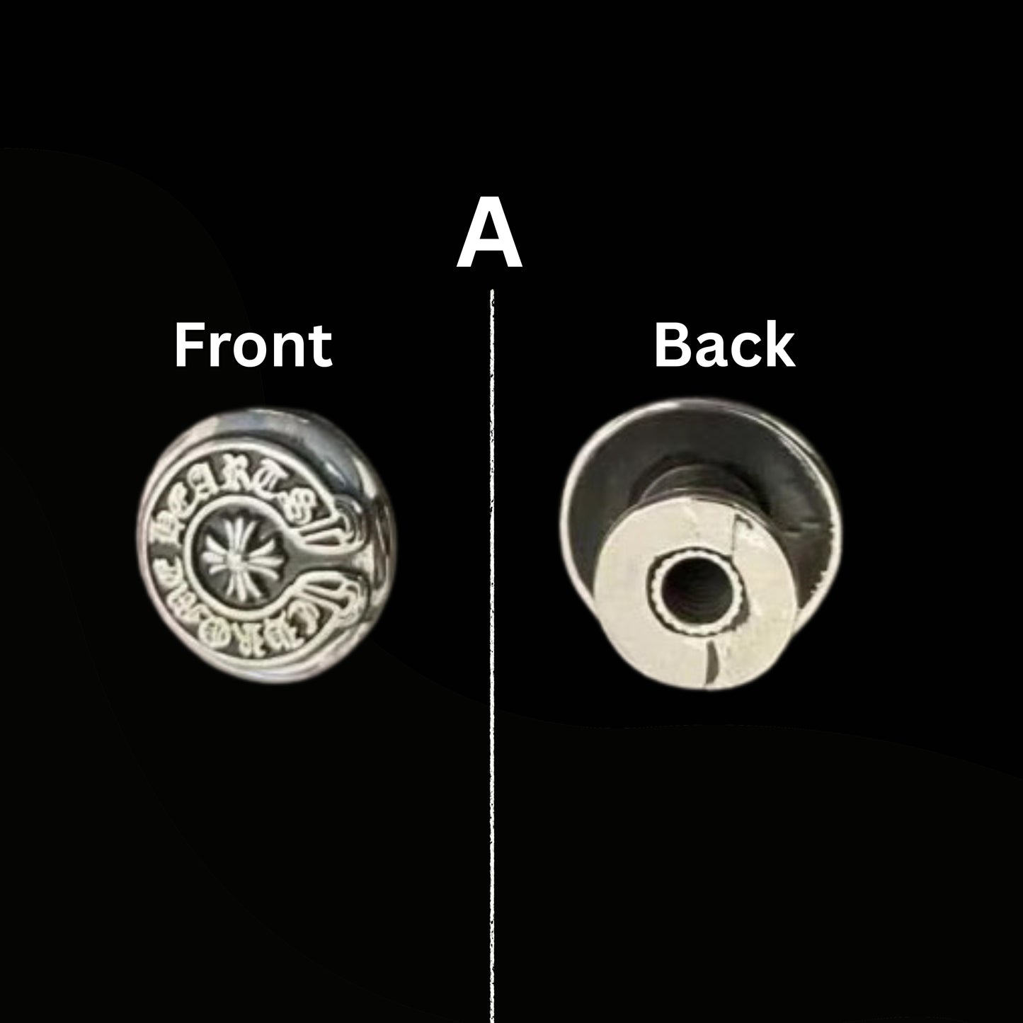 Silver button showing front and back views on a black background