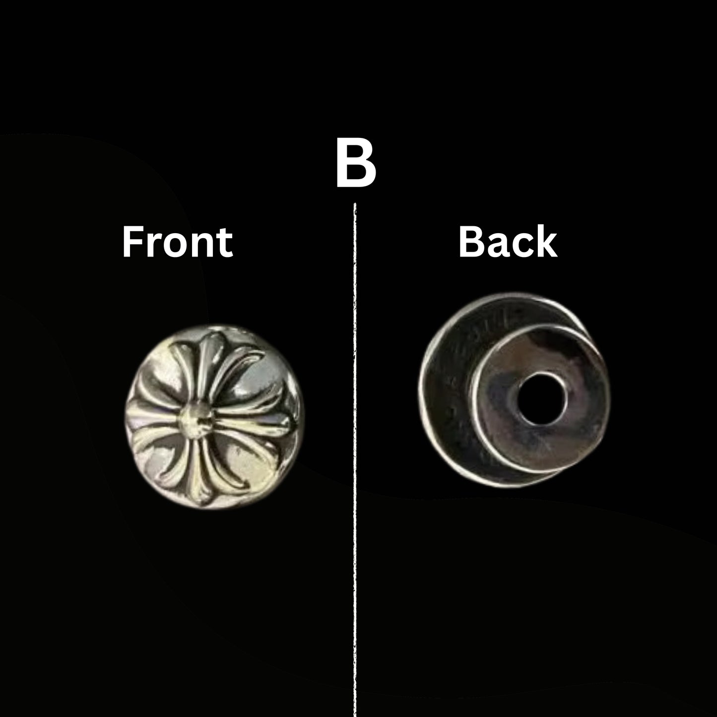Metallic button showing front and back views on a black background