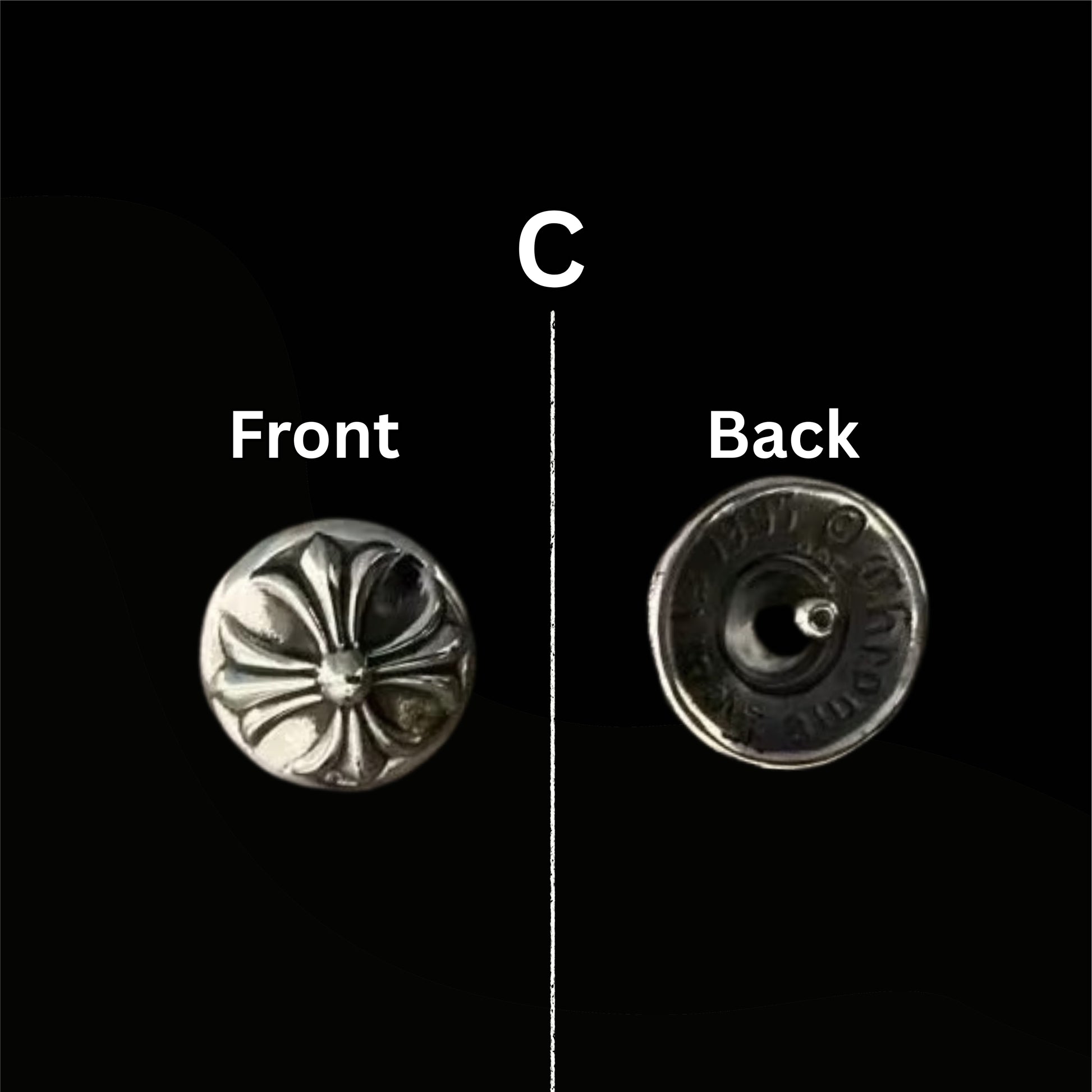 Silver earring showing front and back views on a black background