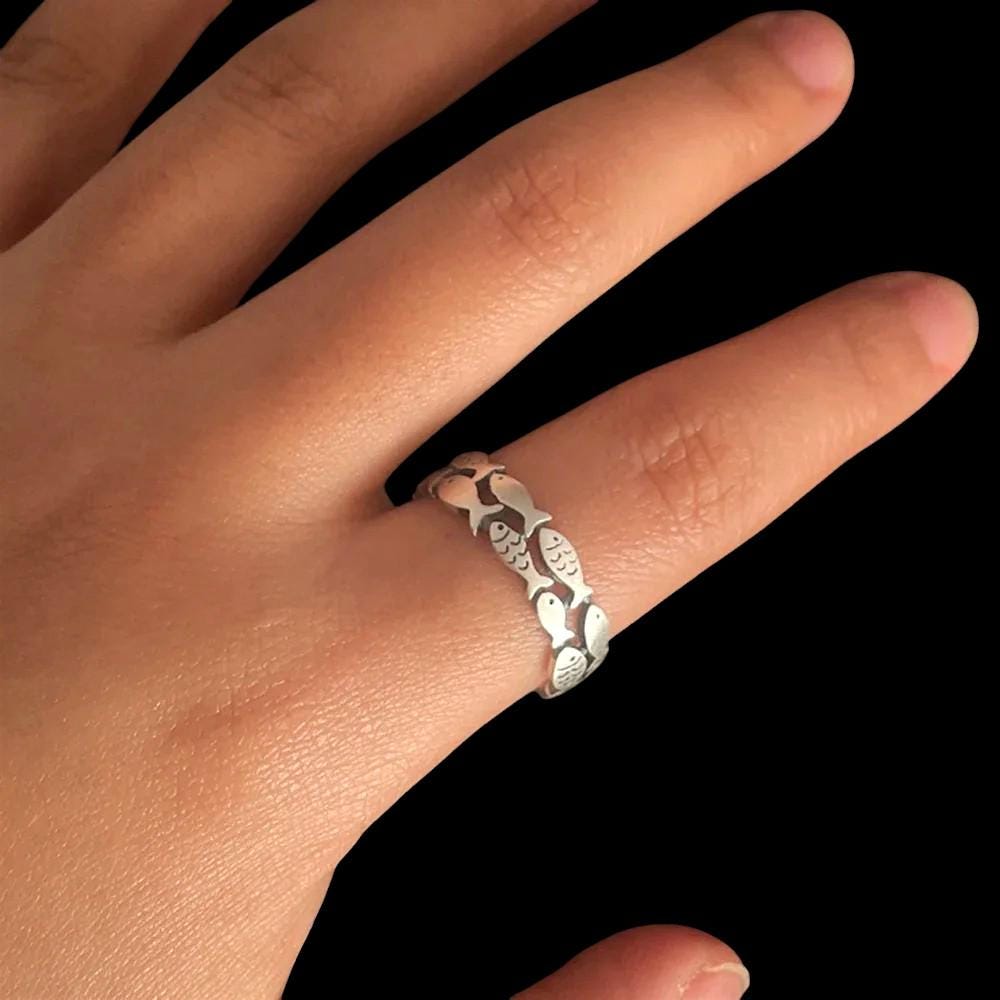 S925 Silver Fish Ring, Adjustable Swimming Fish Band, Gift for Her, School of Fish Ring, Unique Fish Ring for Women, Cute Fish Ring Gift