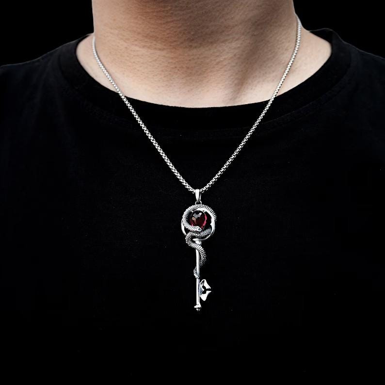Truth Key Pendant | Stainless steel Gothic Key Necklace | Snake Key Charm | Vintage Occult Jewelry | Unique Pendant for Men & Women