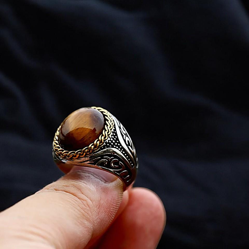 Tiger's Eye Ring for Men and Women | Gothic Celtic Stainless Steel Ring | Handmade Punk Jewelry | Round Tiger Eye Gemstone Ring