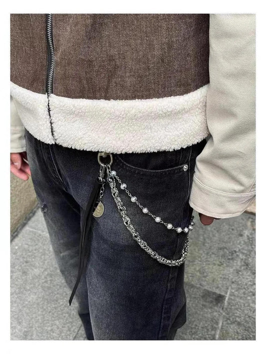 Double Layered Pearl Wallet Chain | Grunge Keychain for Jeans | Punk Keyring Chain | Gothic Side Chain for Pants | Y2K Aesthetic Accessory