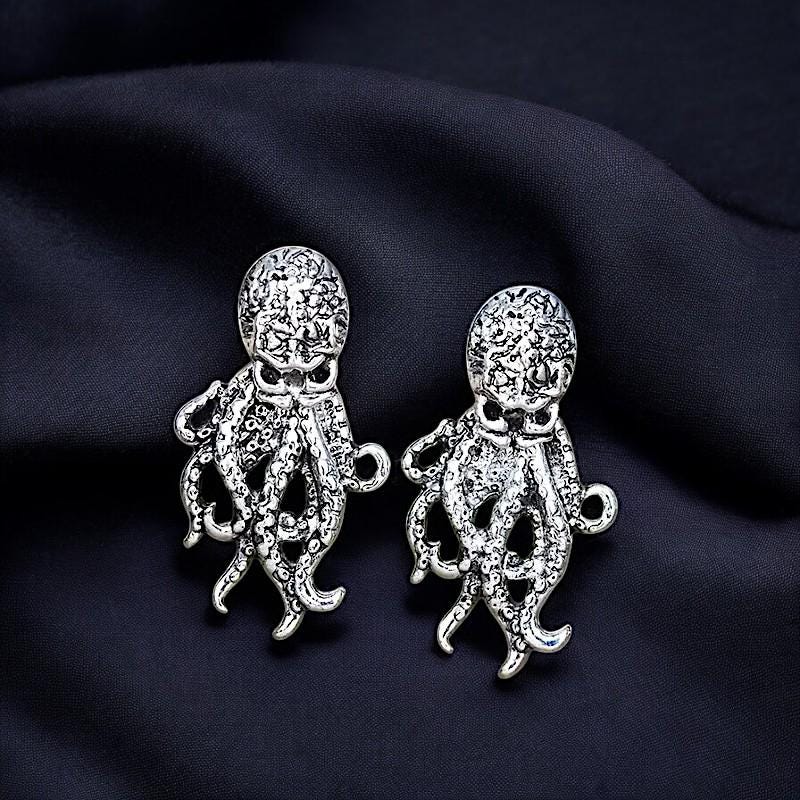 Gothic Octopus Stud Earrings | Mystical Tentacle Jewelry | Small Dainty Studs | Alternative Black Earrings for Men & Women