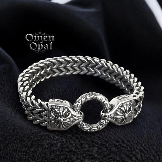 Men’s Gothic Stainless Steel Bracelet | Oxidized Cross Chain Bracelet | Punk Biker Jewelry | Adjustable Metal Bracelet | Gift for Him